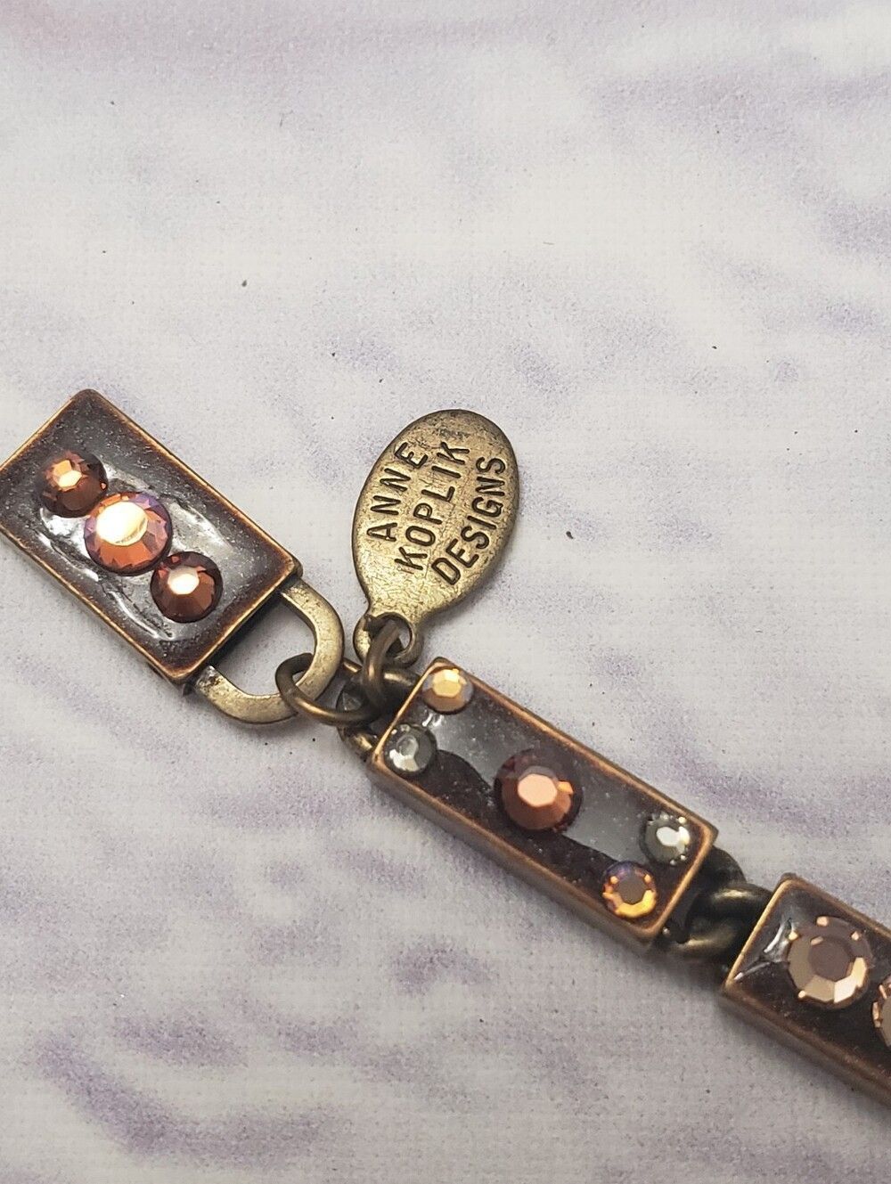 Vintage ANNE KOPLIK Rectangular Link Bracelet With Enameling & Crystals